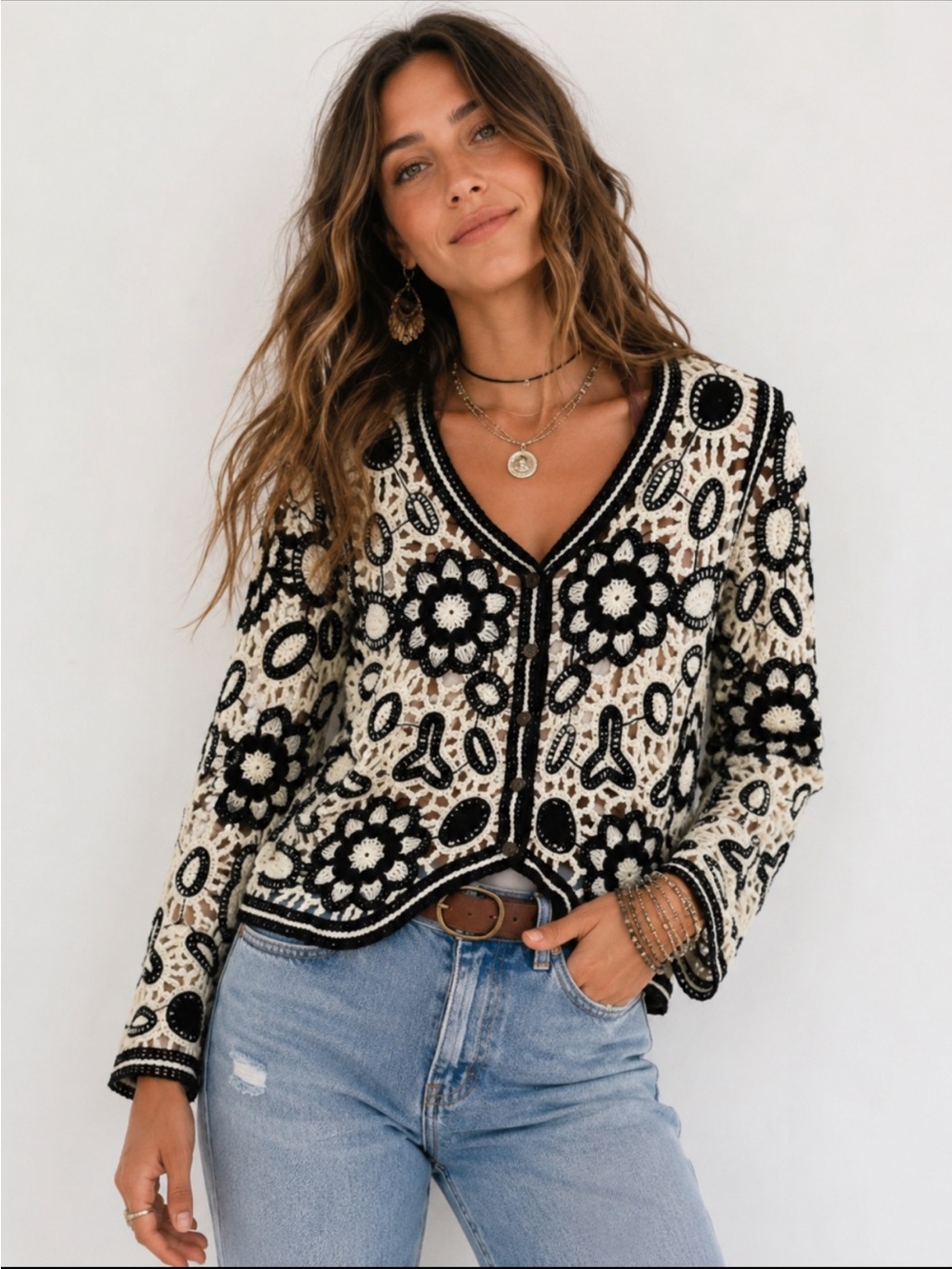 Crochet Cardigan Black Cream Floral Boho Festival S/M Sweater